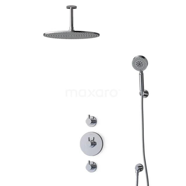 Runde Regendusche-Set in Chrom mit Handbrause, Deckenbefestigung und Thermostat, ideal für ein luxuriöses Badezimmererlebnis.