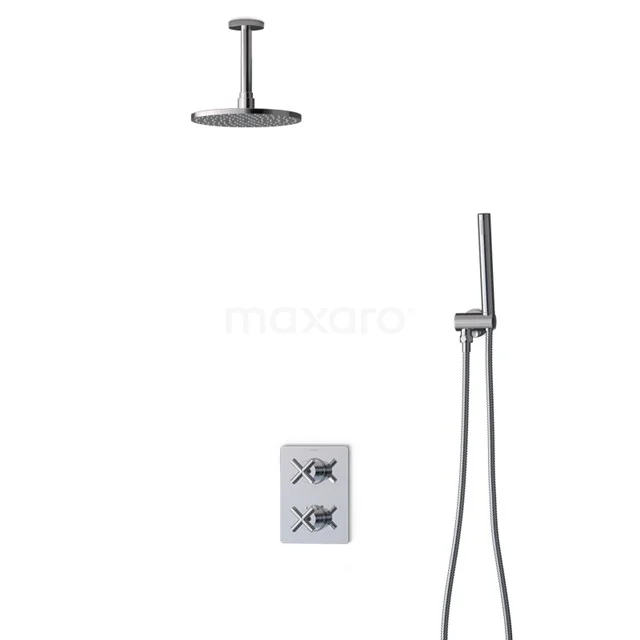 Matt Schwarz Regendusche Set mit eingebauter Thermostatarmatur und Handbrause, ideal für einen modernen Badezimmerstil.