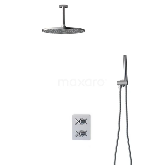 Black rain shower set with concealed thermostat, round shapes and handheld shower, ideal for a modern bathroom.