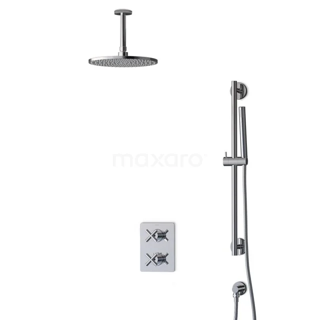 Inbouw Regenduschen, Edelstahl, mit Gleithalter und Thermostatarmatur; modernes Badezimmer-Set mit elegantem Design.