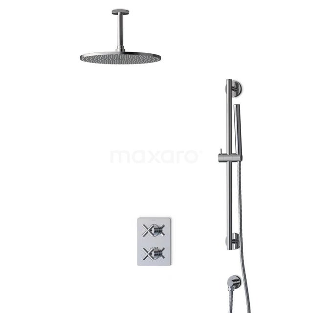 Schwarze Einbau-Regendusche-Set mit runder Kopfbrause, Handbrause und Thermostatarmatur, perfekt für moderne Bäder.