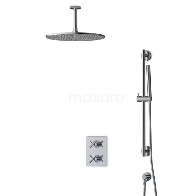 Runde Regendusche-Set aus Edelstahl mit wandmontierter Handbrause und integrierter Thermostatarmatur, ideal für luxuriöse Bäder.