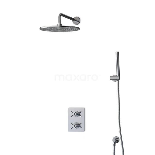 Radius Rain shower Built-in | Chrome 30 cm Rain shower Thermostatic BIC90-00017 Matte black thermostatic rain shower set with round shower head, integrated handheld shower and modern wall controls.
