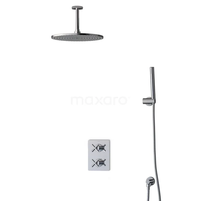 Modern black rain shower set with thermostatic mixer, handheld shower and ceiling mount, ideal for a stylish bathroom.