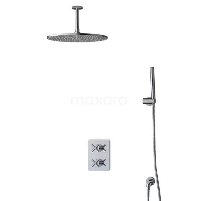 Modern rain shower set in chrome with thermostat and handheld shower, ideal for a luxurious bathroom experience.