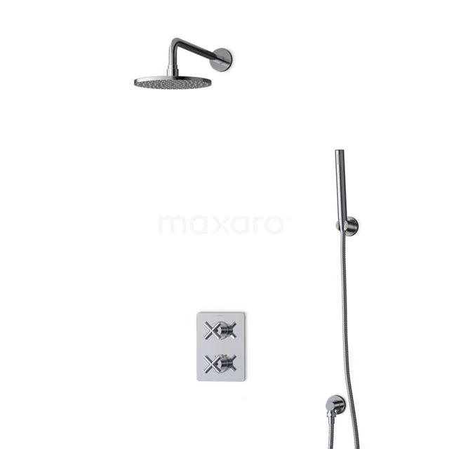 Matte black rain shower set with round head shower, handheld shower and thermostatic mixer, perfect for a modern bathroom.
