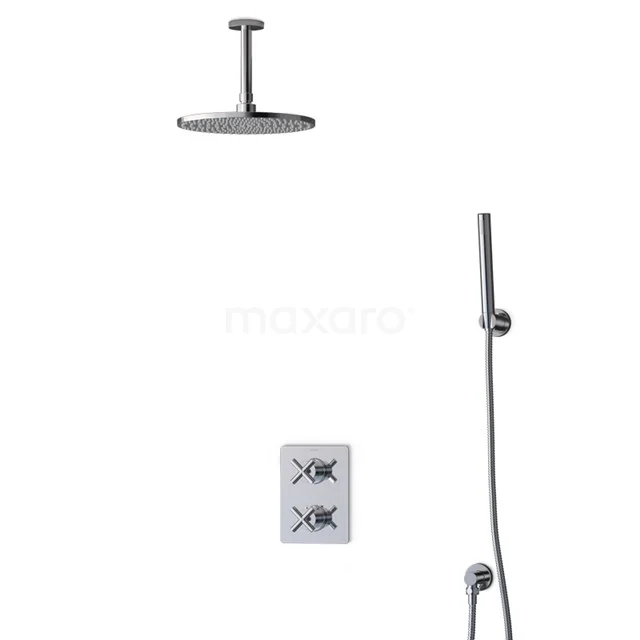 Modern matte black shower set with rain shower, handheld shower and thermostatic mixer, ideal for a stylish bathroom.