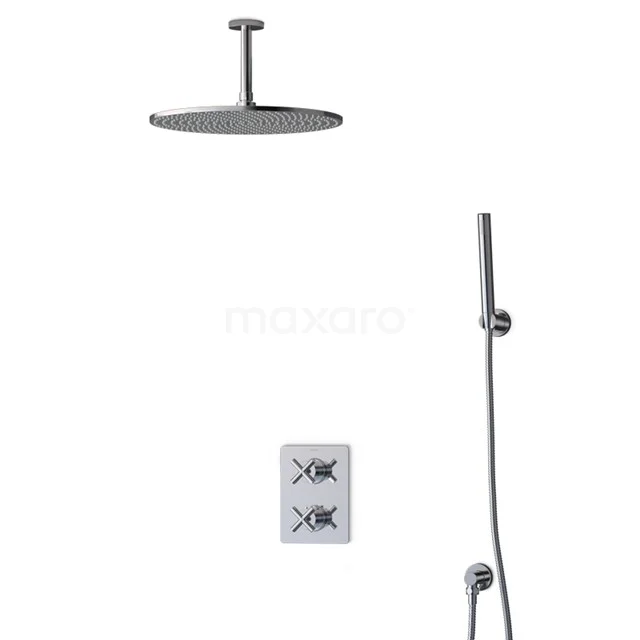 Black round shower head, recessed thermostat and handheld shower; modern stainless steel shower set perfect for a sleek bathroom style.
