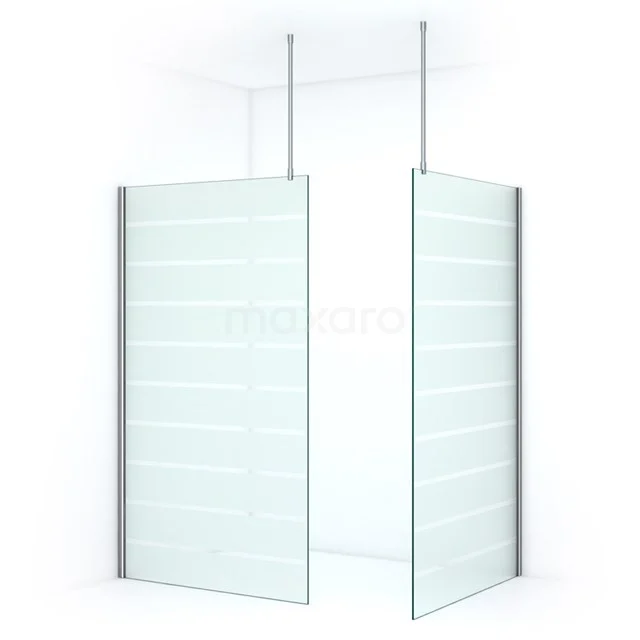 Glass double bathroom partition with aluminium profiles and frosted striped pattern for modern shower arrangement.