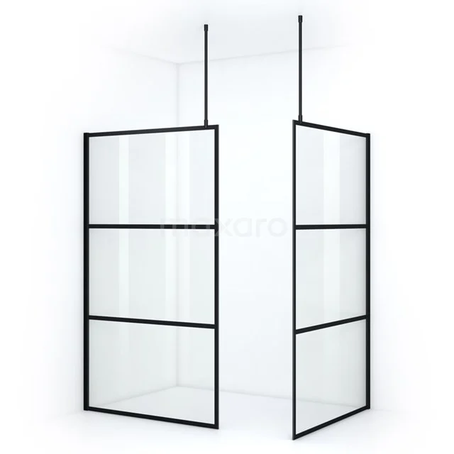 Black steel shower screen with frosted glass in industrial style, perfect for a modern bathroom design.