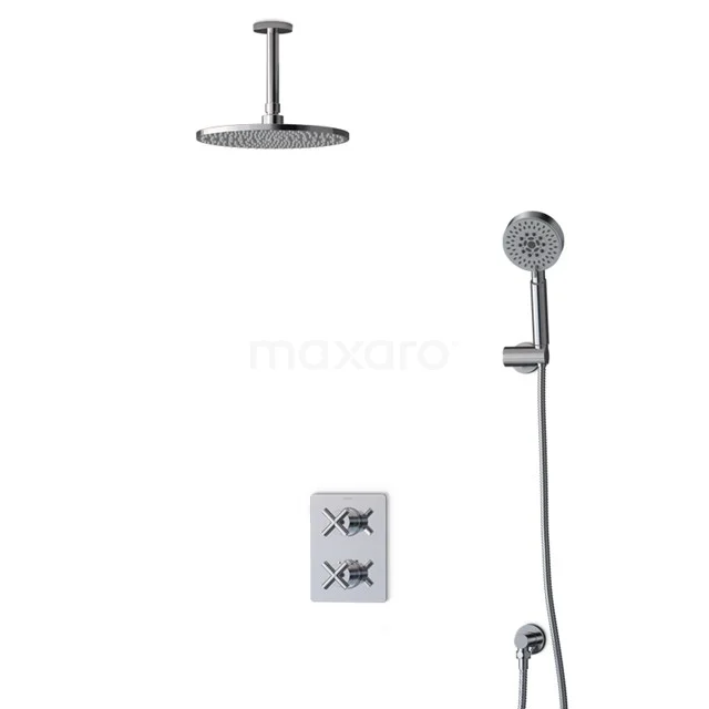 Recessed stainless steel rain shower set, wall- and ceiling-mounted, including handheld shower and thermostatic mixer, ideal for any modern bathroom.