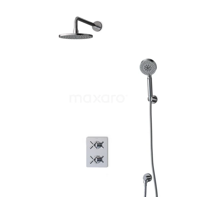 Stainless steel shower set with round rain shower, handheld shower and thermostatic mixer; sleek design for modern bathroom.