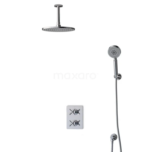 Matte black rain shower set with handheld shower, round shapes, thermostatic mixer and ceiling mount, perfect for modern bathrooms.