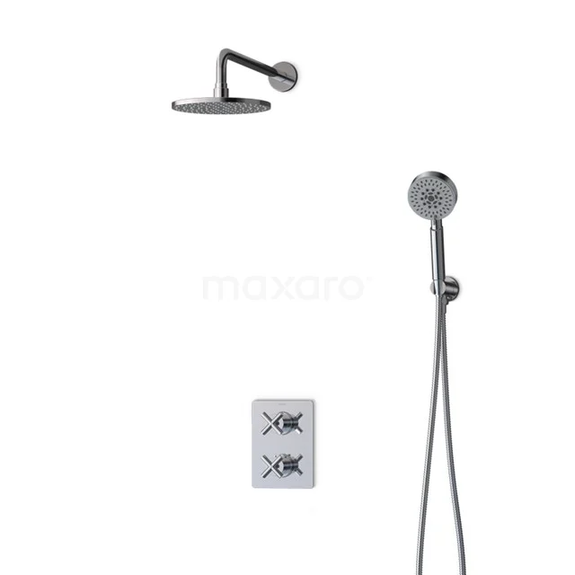 Matte black thermostatic rain shower set with handheld shower, round design, ideal for modern bathrooms.