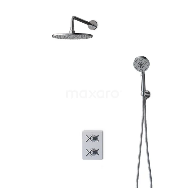 Schwarze Regendusche Set mit runder Kopfbrause, Handbrause und Einbau-Thermostat, minimalistisches Design für moderne Bäder.
