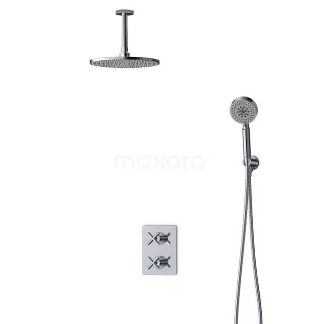 Graue thermostatische Regendusche-Set mit runder Duschekopf, Handbrause und Unterputz-Armatur, ideal für moderne Bäder.