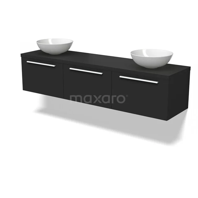 Zwarte badkamermeubelset met dubbele wastafel, mat afgewerkt, modern design en chromen grepen, ideaal voor elke badkamerstijl.
