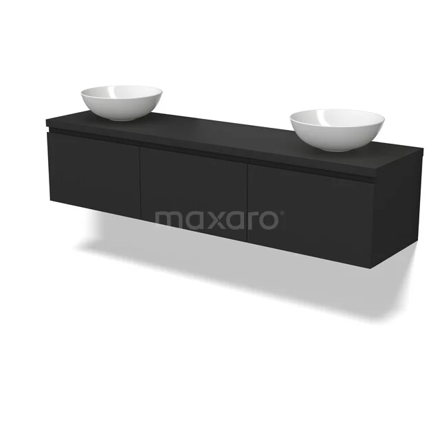 Zwarte zwevende badkamermeubel met dubbele witte waskommen, strak design, ideaal voor moderne badkamers.
