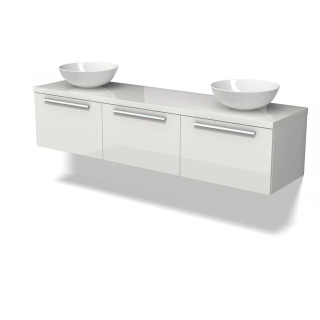 Witte zwevende badkamermeubelset met dubbele wastafelkom, hoogglans afwerking en ruime opberglades voor een moderne badkamer.
