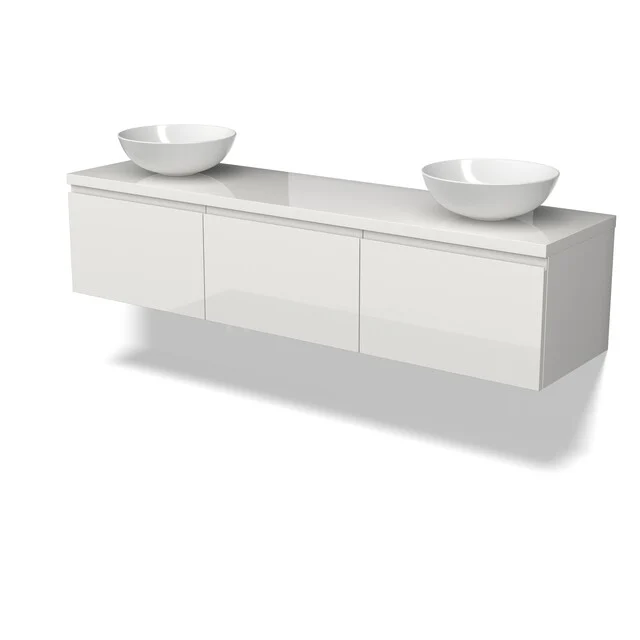 Weißes schwebendes Badmöbel mit doppelten Aufsatzwaschbecken, Hochglanzoberfläche und modernen klaren Linien.