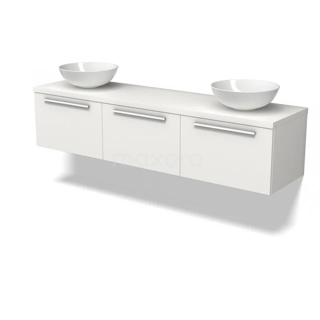 Weißes schwebendes Badezimmermöbel mit doppeltem Aufsatzwaschbecken, schlichten Haltegriffen und drei Stauraumfächern, minimalistisches Design.