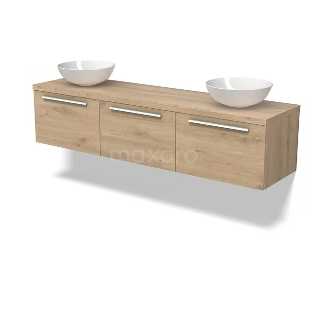 Houten badkamermeubel met dubbele wastafel, moderne design, licht eiken afwerking, ideaal voor een stijlvolle badkamer.