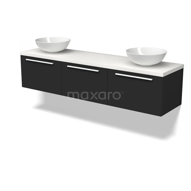 Zwarte zwevende badkamermeubelset met drie lades, witte bovenblad en twee wastafelkommen; modern design.