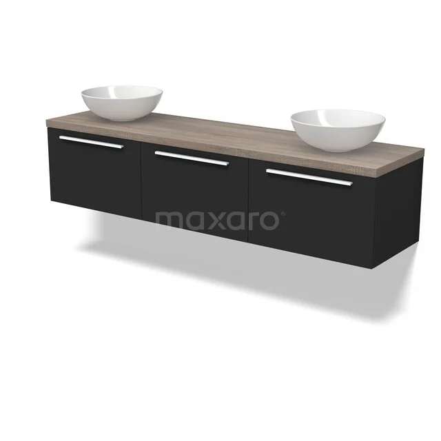 Zweites Schwarz Badezimmermöbel mit Holzlook Platte, doppelte weiße Waschbecken, modernes Design mit chromen Griffen.