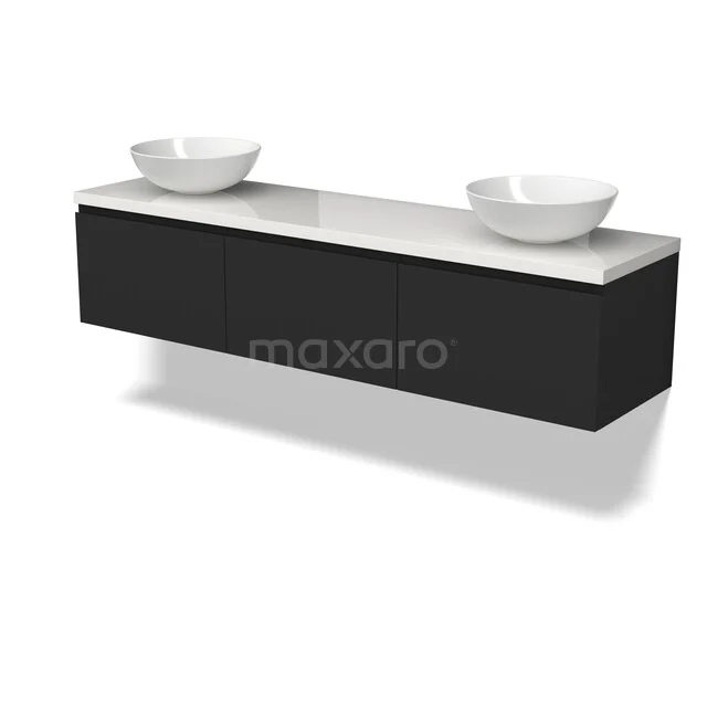 Zwarte zwevende badkamerkast met twee witte waskommen, marmeren blad en moderne uitstraling. Perfect voor een luxe badkamer.