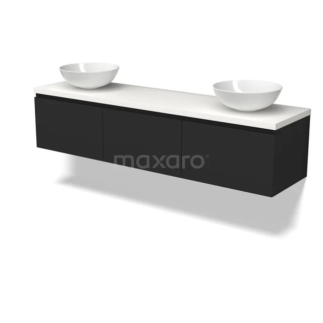 Zwarte badkamermeubelset met dubbele witte waskommen, minimalistisch design en strak afgewerkt in hoogglans.
