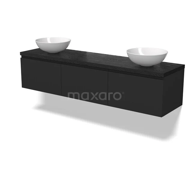 Product BMK33-00029 BMK33-00029 Schwarze schwebende Badmöbelset mit zwei weißen Aufsatzwaschbecken, elegantes Design aus der Luxus Modern Line Serie.