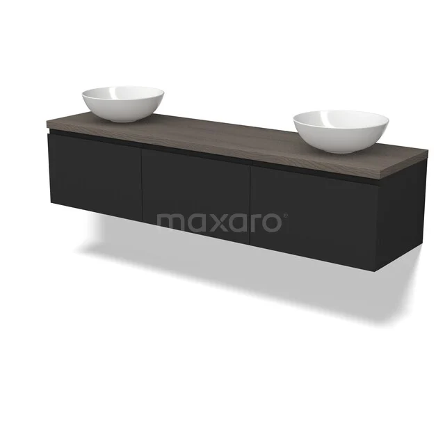 Zwevend badkamermeubel in matzwart met houtlook blad en dubbele opzetwastafel, modern design.