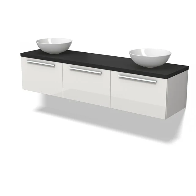 Weißes hängendes Badmöbel mit schwarzer Platte und zwei Waschbecken, modernes Design, geeignet für stilvolle Badezimmergestaltung.