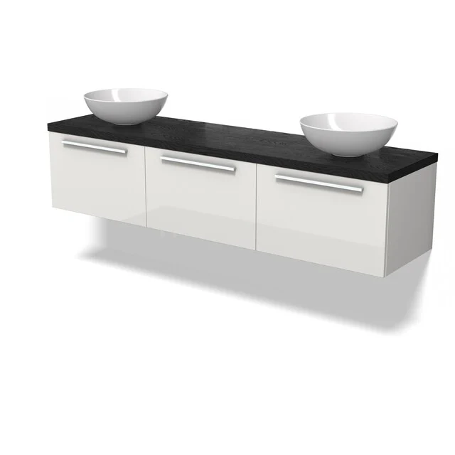 Witte badkamermeubel met zwarte blad en twee ronde wastafels, wandmontage, strak design, ideale oplossing voor moderne badkamers.