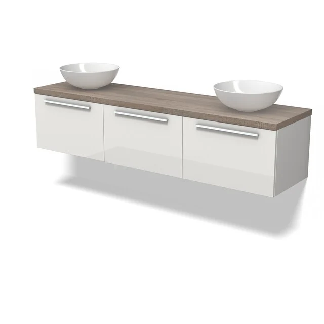 Witte hangende badkamermeubelset met houtlook blad, drie lades en twee ronde waskommen, modern design.