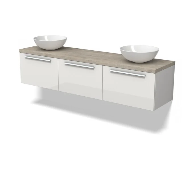 Wandhängendes Badezimmermöbel mit weißen Schubladen, Holzlook Platte und zwei keramischen Aufsatzwaschbecken, modernes Design.