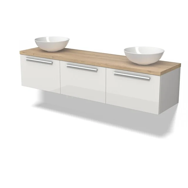 Wandhangend badkamermeubel met dubbele waskom, wit hoogglans, houtlook blad, moderne stijl, ideaal voor ruime badkamers.