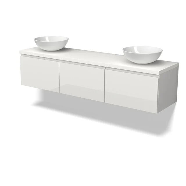 Modulo Plato Badmöbel mit Aufsatzwaschbecken | 180 cm Hochglanz Weiß Grifflos front Matt Weiß blatt 3 nebeneinanderliegende Schubladen BMK33-00044 Weißes schwebendes Badezimmermöbel mit doppelten Aufsatzwaschbecken, klarer moderner Verarbeitung und grifflosen Schubladen.