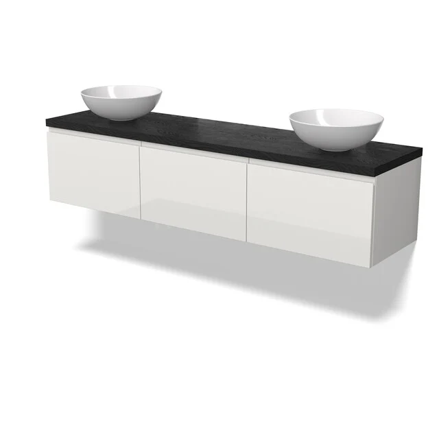 Wandhängendes Badezimmermöbel, Hochglanz Weiß, Doppelwaschbecken mit schwarzem Natursteinblatt, modernes und platzsparendes Design.