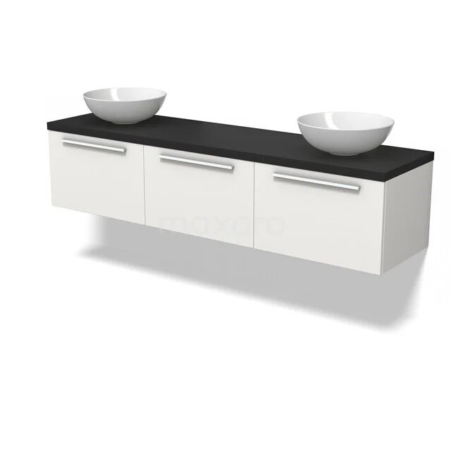 Weißes schwebendes Badezimmermöbel mit schwarzer Platte, doppelten Aufsatzwaschbecken und modernen Haltegriffen, ideal für ein stilvolles Badezimmer.