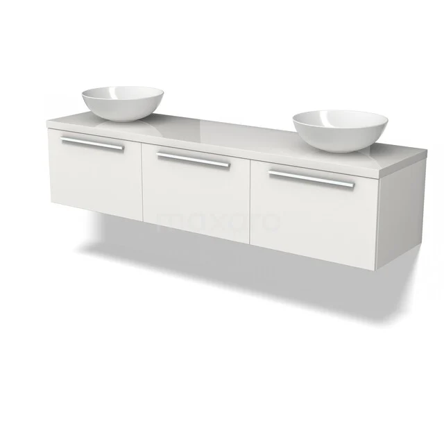 Wit zwevend badkamermeubel met dubbele waskommen, modern design en strakke lijnen, perfect voor een eigentijdse badkamer.