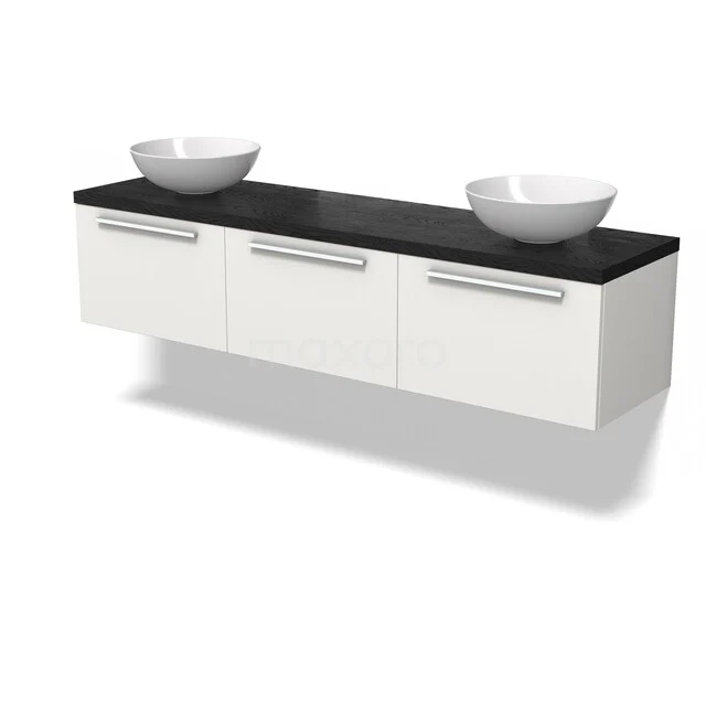 Moderne witte wastafelmeubel met zwart blad, dubbel waskomdesign, ideaal voor badkamerinrichting.