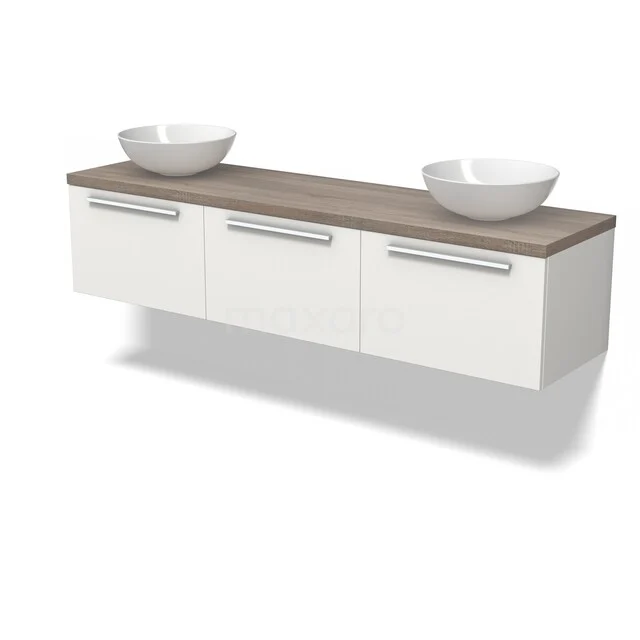 Zwevende witte badkamermeubelset met houten blad en dubbele opzetwastafels, modern design en ruim opberggedeelte.
