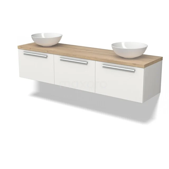 Wit hangend badkamermeubel met drie lades, houten blad en twee ronde waskommen. Modern ontwerp, geschikt voor stijlvolle badkamers.