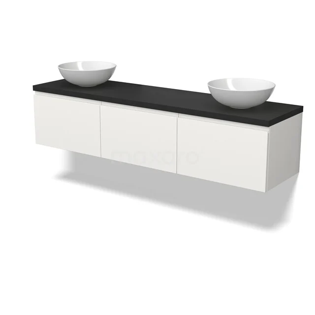 Weißes Badezimmermöbel mit schwarzer Platte, zwei runden Aufsatzwaschbecken, minimalistisches Design, ideal für moderne Badezimmereinrichtungen.
