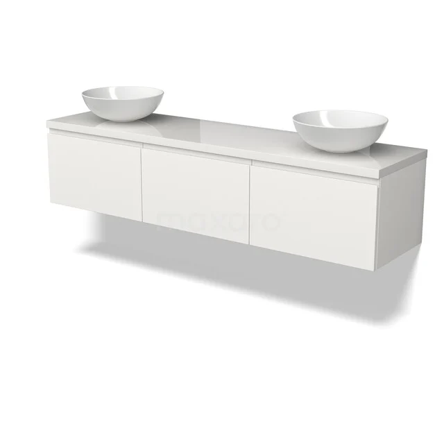 Modulo Plato Badmöbel mit Aufsatzwaschbecken | 180 cm Matt Weiß Grifflos front Hochglanz Weiß blatt 3 nebeneinanderliegende Schubladen BMK33-00060 Weißes schwebendes Badmöbel mit doppelten komförmigen Waschbecken, straffes Design und Hochglanzoberfläche für ein modernes Badezimmer.