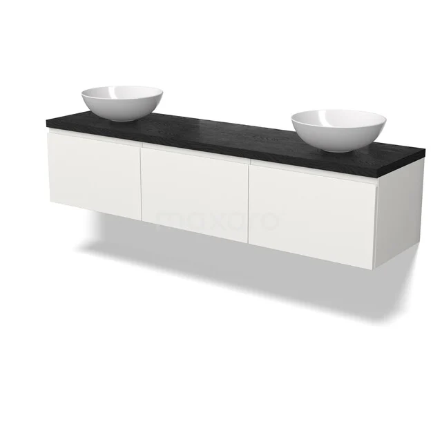 Moderne witte badkamermeubelset met zwarte bovenplaat en twee witte waskommen, strak design met zwevende montage.