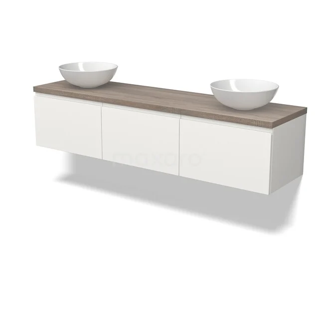 Weißes schwebendes Badmöbel mit Holzlook Platte und doppeltem rundem Waschbecken, modernes Design aus Premium Serie.