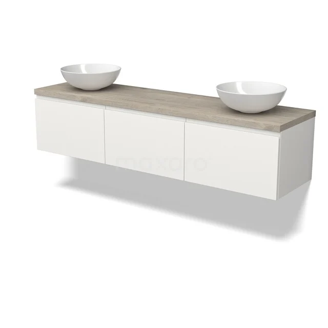 Weißes schwebendes Badezimmermöbel mit Holzlook Platte und zwei runden Aufsatzwaschbecken, modernes Design aus Premium Serie.