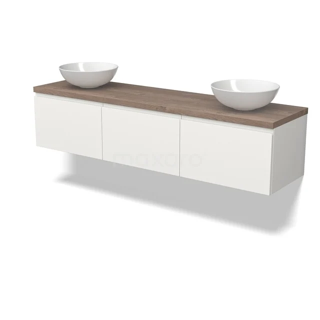 Weißes schwebendes Badmöbel mit Holzlook Platte, doppelten Aufsatzwaschbecken und klarer Verarbeitung, ideal für moderne Bäder.